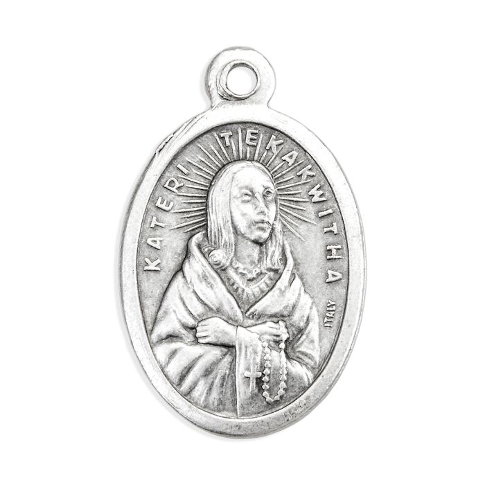 1" Oval Antiqued Silver Oxidized Saint Kateri Tekakwitha Medal