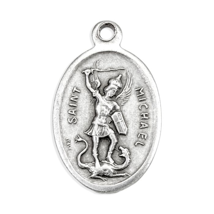 1" Oval Antiqued Silver Oxidized Saint Michael Medal