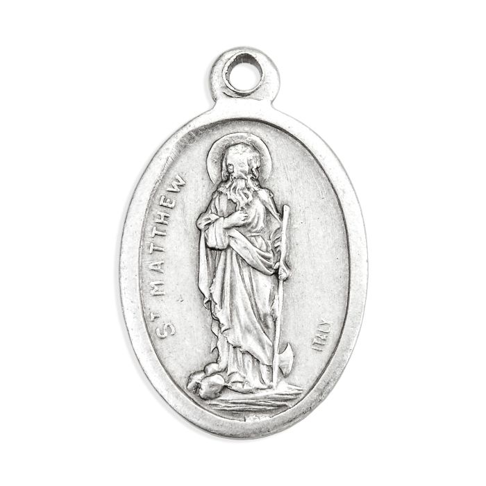 1" Oval Antiqued Silver Oxidized Saint Matthew Medal