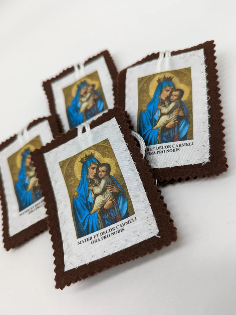 Our Lady of Mount Carmel / Sacred Heart of Jesus scapular. Traditional brown felt scapular. Set 4 pieces